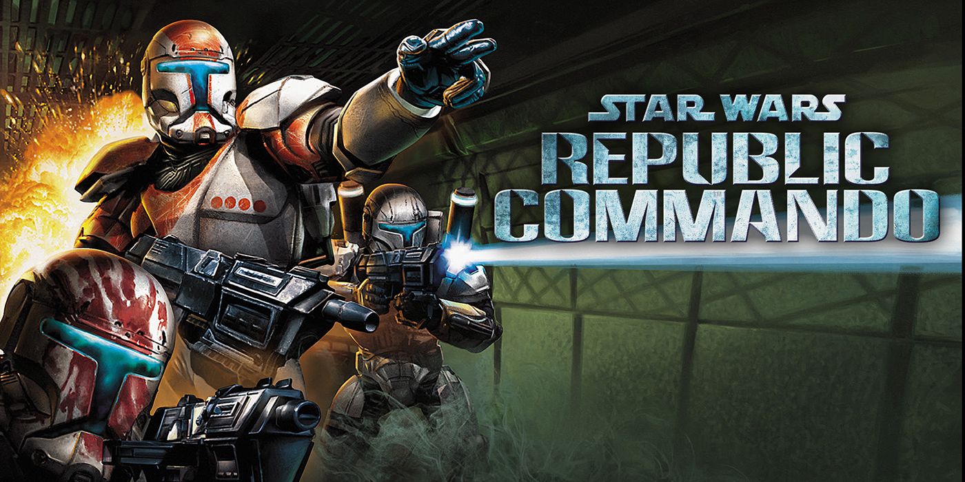 Arte promocional de Star Wars: Republic Commando apresentando o Esquadrão Delta em ação.