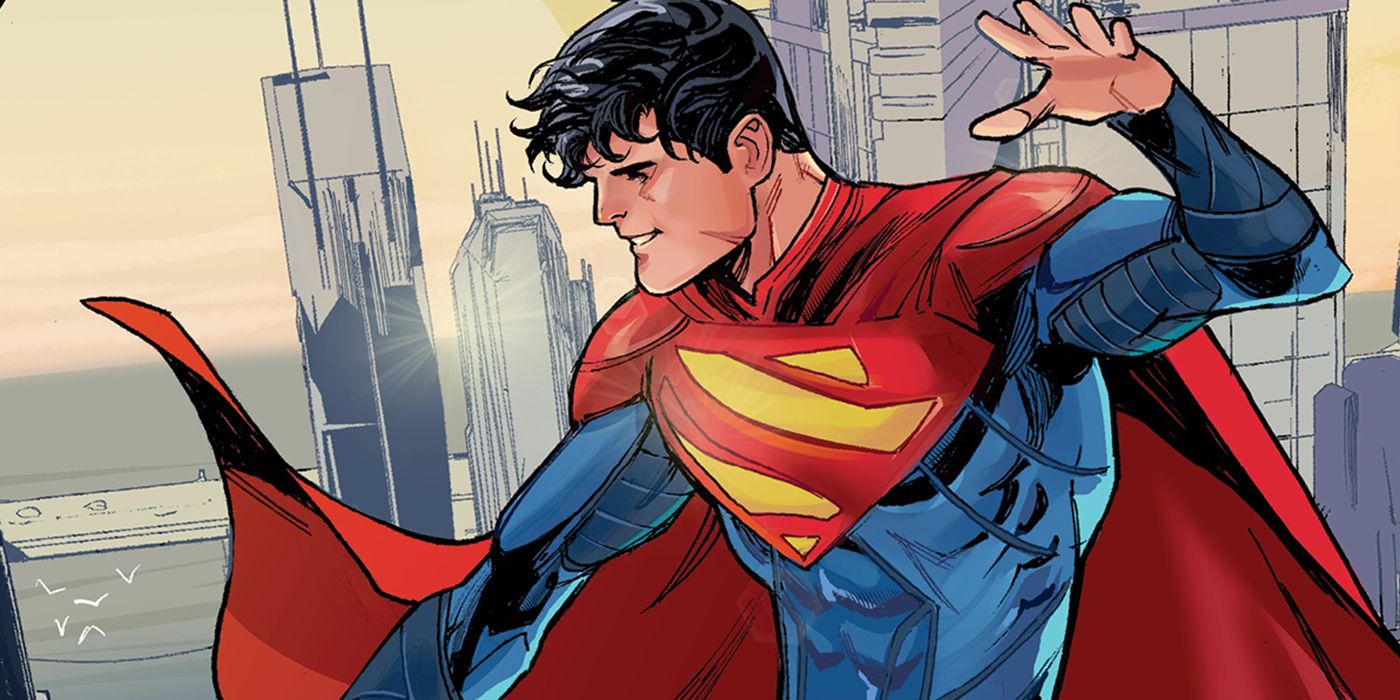 Jon Kent, the Son of Superman, waves and smiles in DC Comics