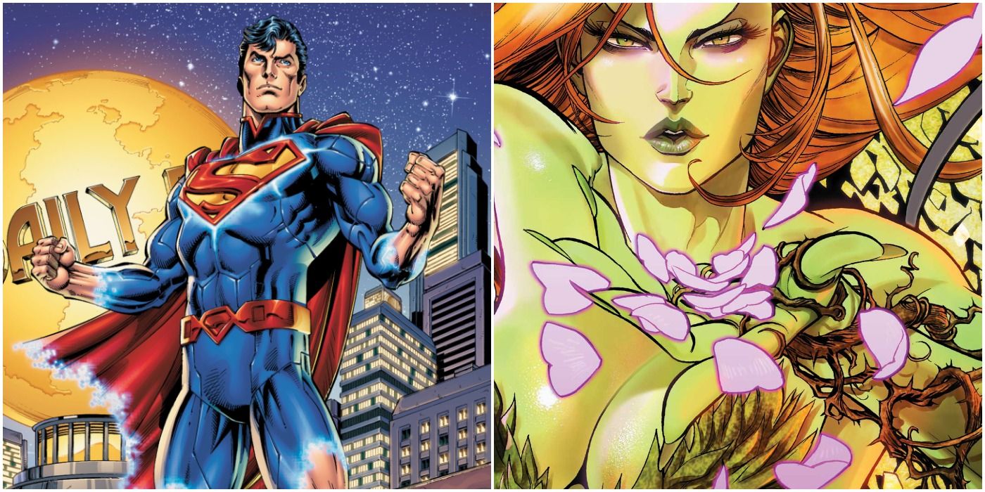 Split image: Superman dons his New 52 armor and Poison Ivy blows a kiss with pink flower petals
