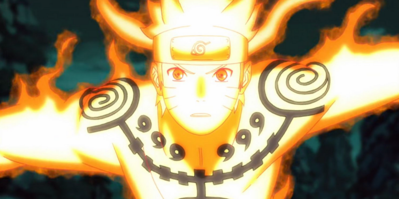 Naruto Uzumaki in Nine-Tails Chakra Mode in Naruto.