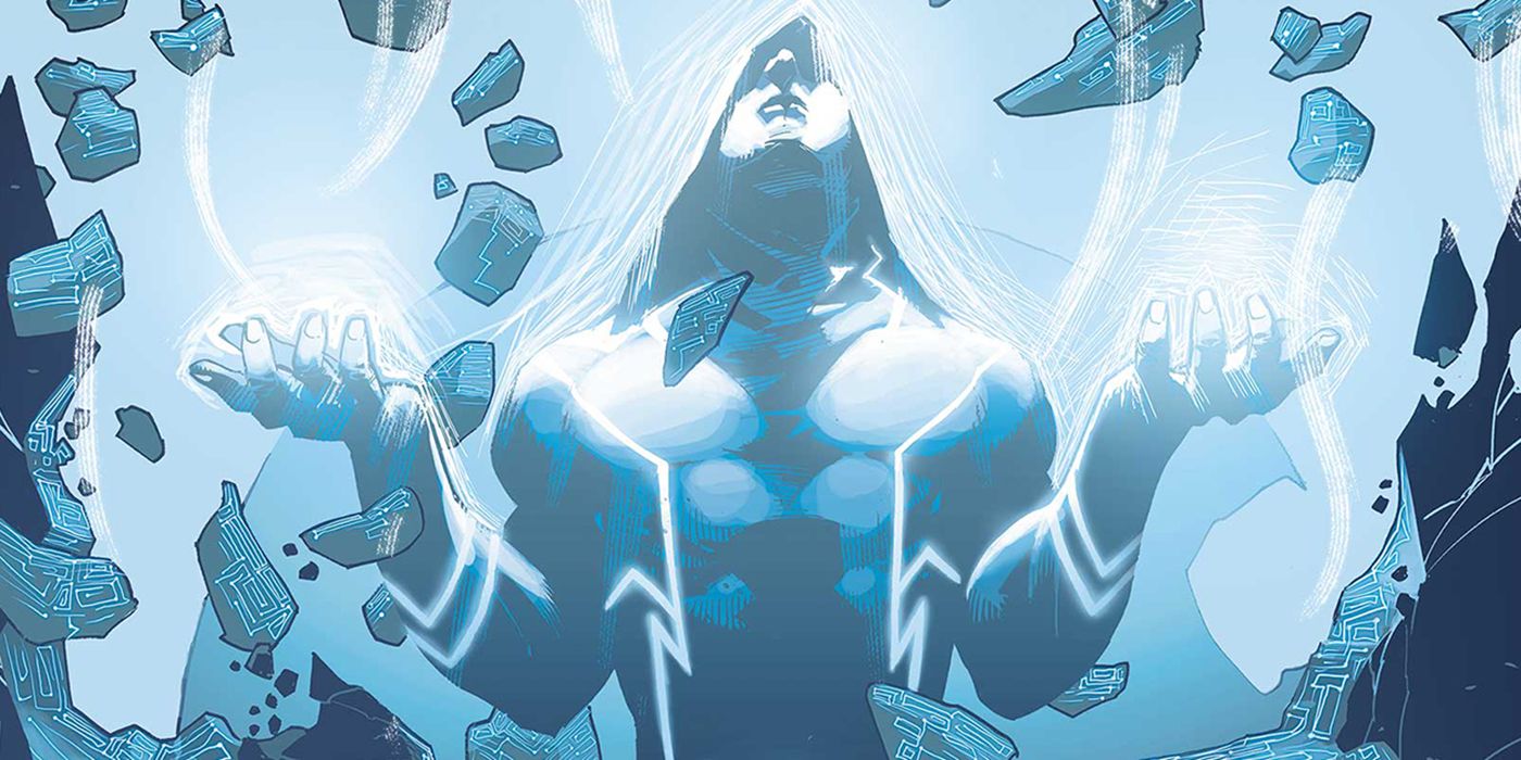 Solem. A hooded figure is shrouded in white and blue light, in Marvel Comics