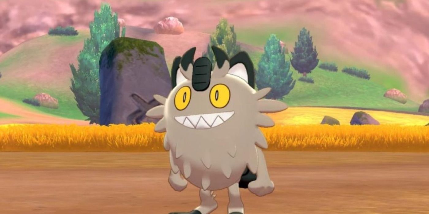 Galarian Meowth standing and grinning