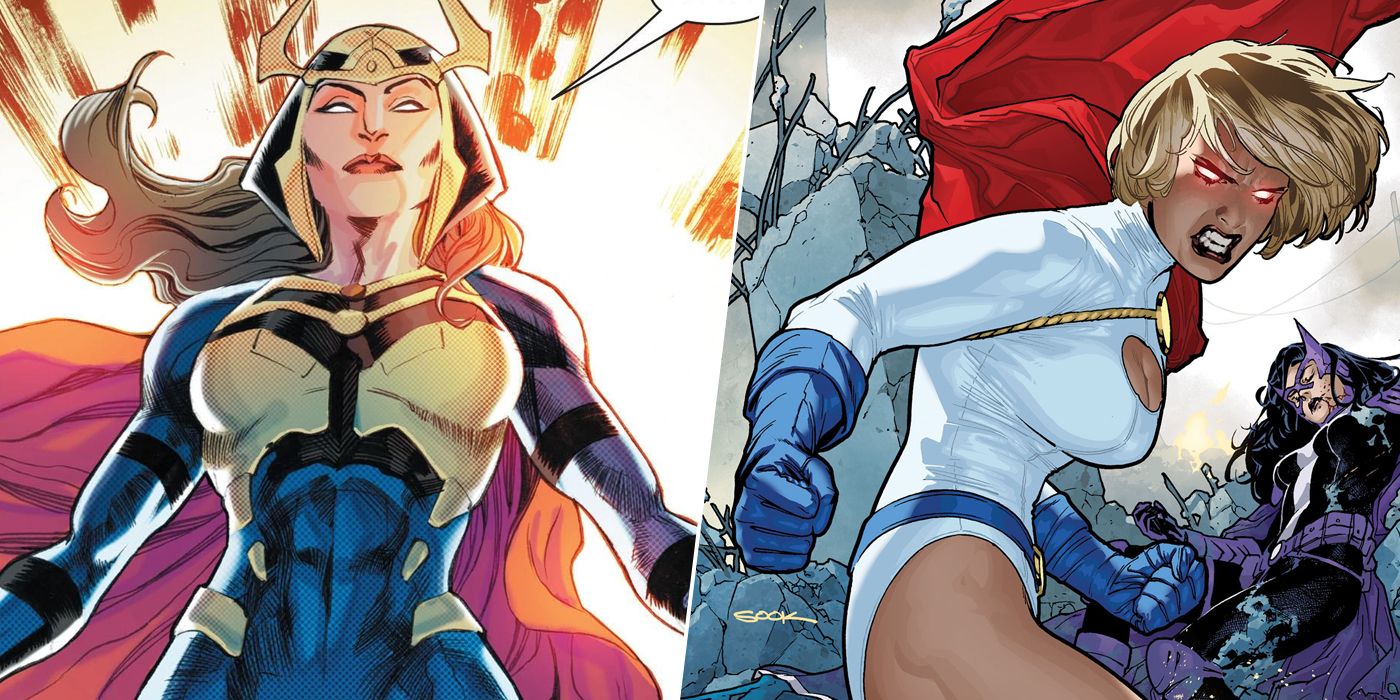 a split image featuring big barda and power girl