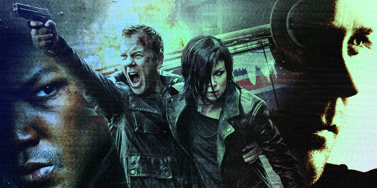 24 characters split image with Kiefer Sutherland holding a gun front and center