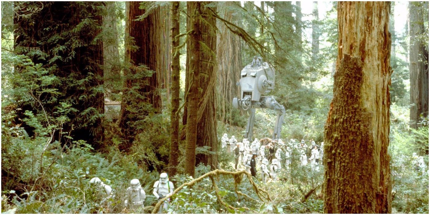 Storm Troopers and a Chicken Walker march through the Forest Moon Endor From Star Wars