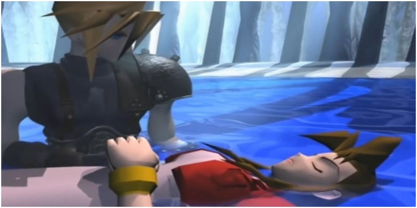 Cloud lays Aerith to rest after her death in Final Fantasy VII