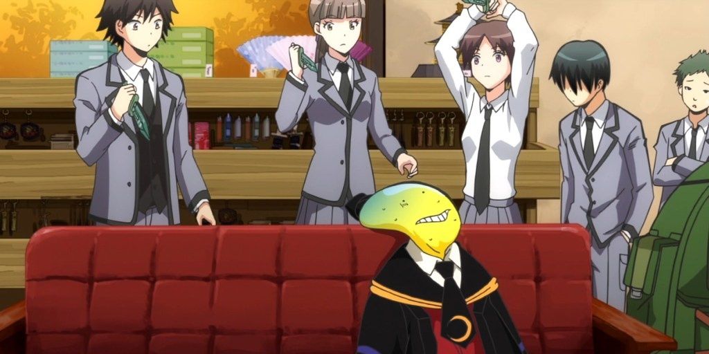 Class 3-E Holding Knives To Exhausted Koro-Sensei In Assassination Classroom