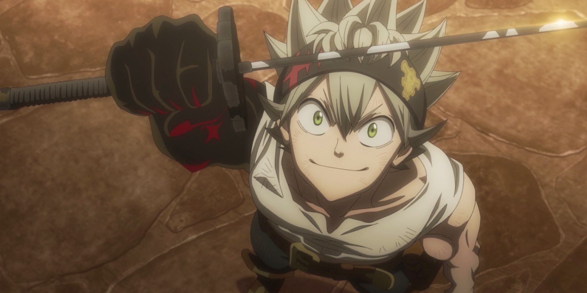 Asta in Black Clover Episode 170 final scene, looking up and grinning.