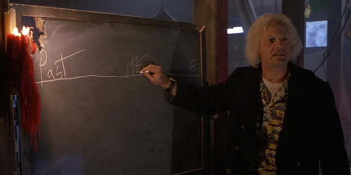 Doc Brown, played by Christopher Lloyd, looks dishevelled as he draws an example of a timeline on a chalkboard in a dark room, in Back to the Future Part II