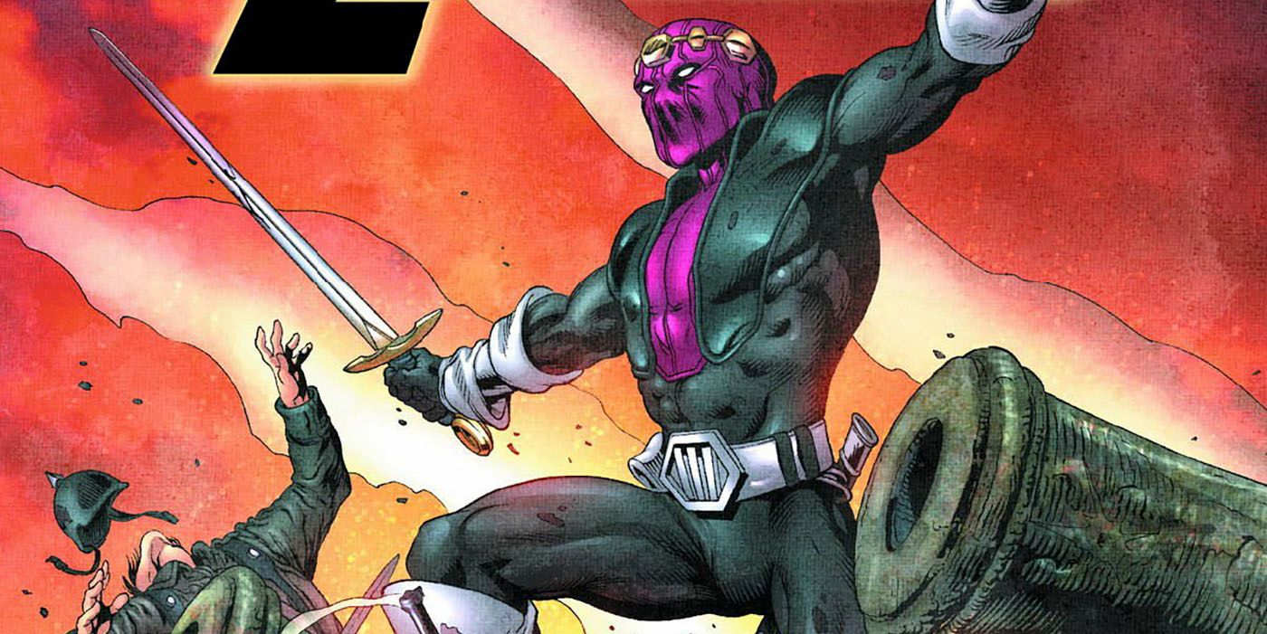 Baron Zemo holds a sword and stands by a canon while a soldier is shot beside him. His arms are outstretched and he wears his purple mask.