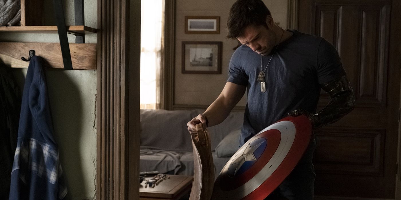 Bucky Barnes holding Captain America's shield in FATWS
