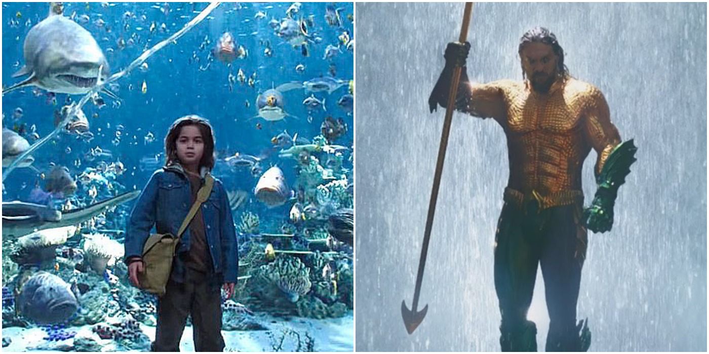 split image of young Arthur at the aquarium and adult Arthur with the trident as Aquaman