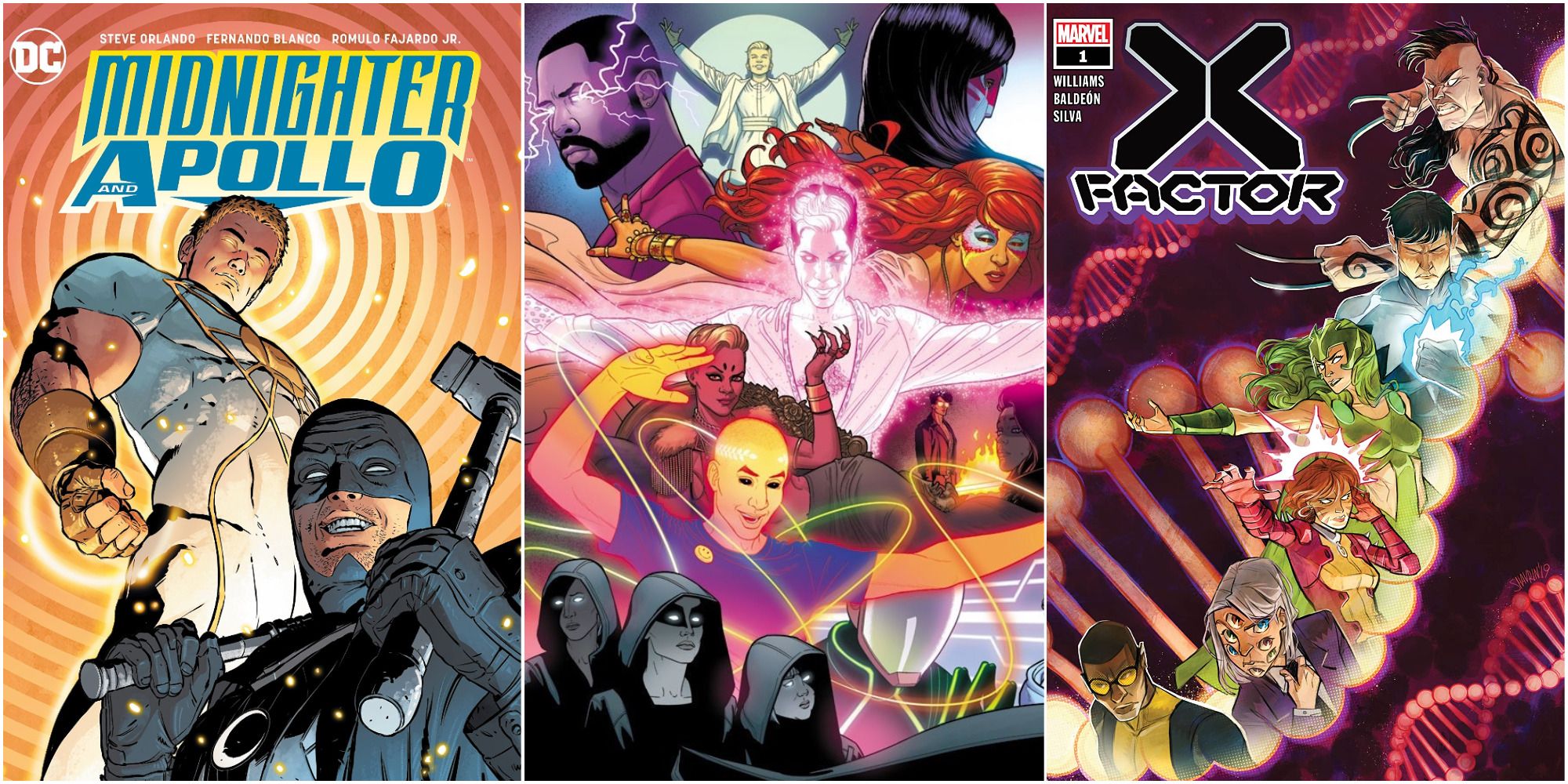 A split image of covers for Midnighter And Apollo, The Wicked + The Divine, X-Factor
