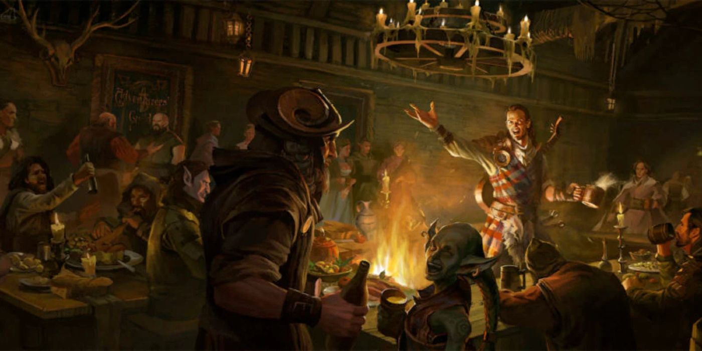 Adventurers drink and celebrate in a tavern