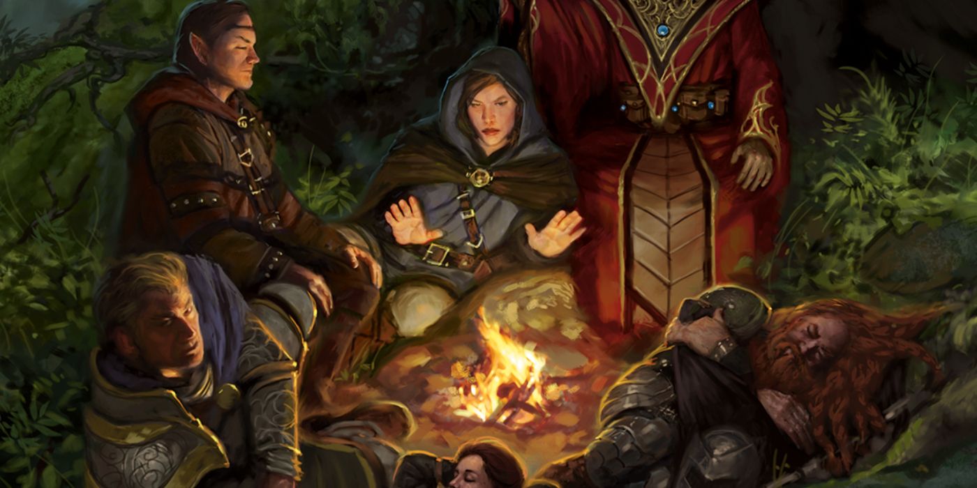 A group of adventurers sleep and share stories around a campfire