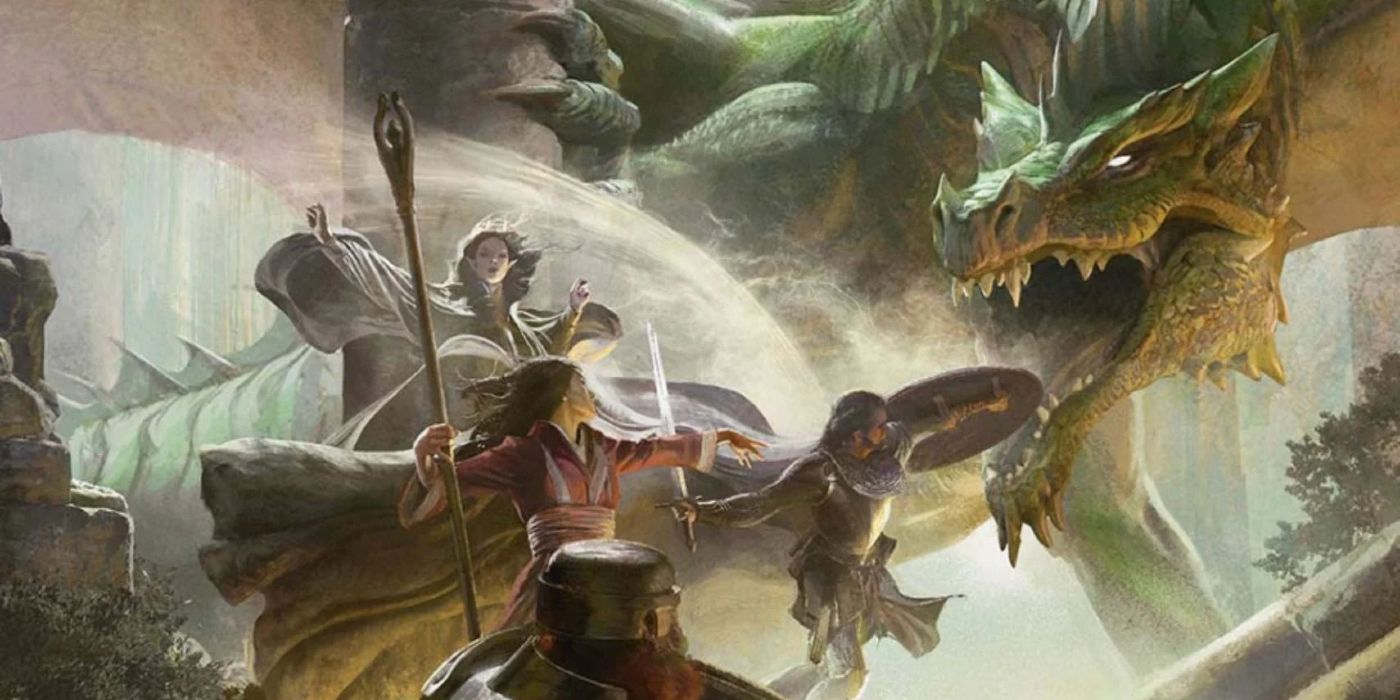 A group of adventurers face up to a green dragon