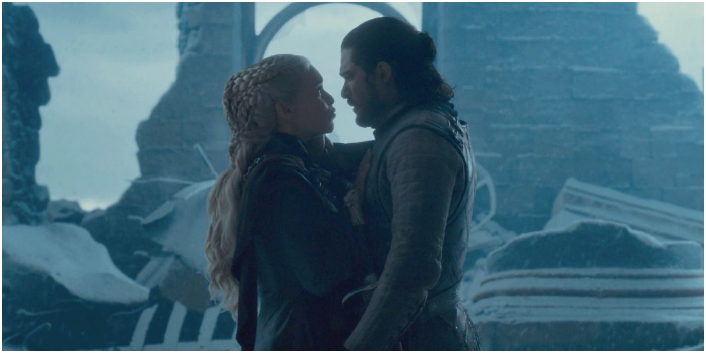 Daenerys and Jon's final embrace in Game of Thrones.