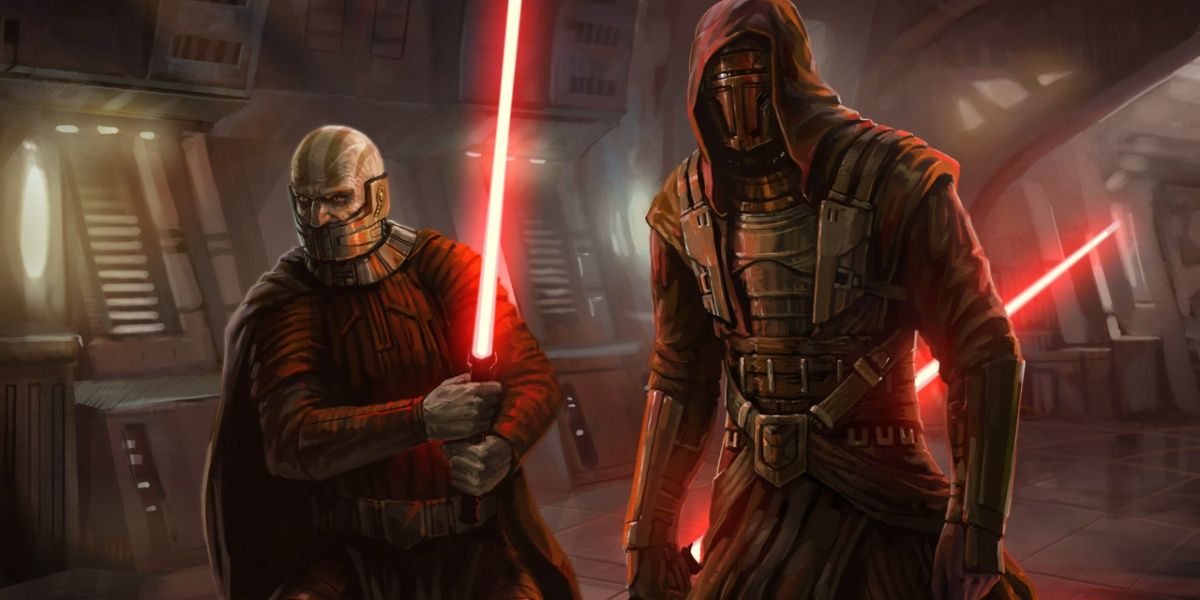 Star Wars: Knights of the Old Republic key art featuring Darth Malek and Revan.