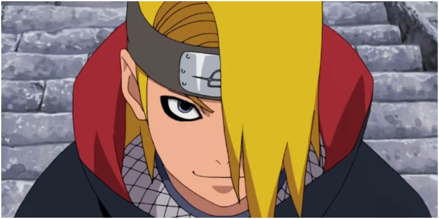 Deidara smiling while going after Sasuke in Naruto Shippuden