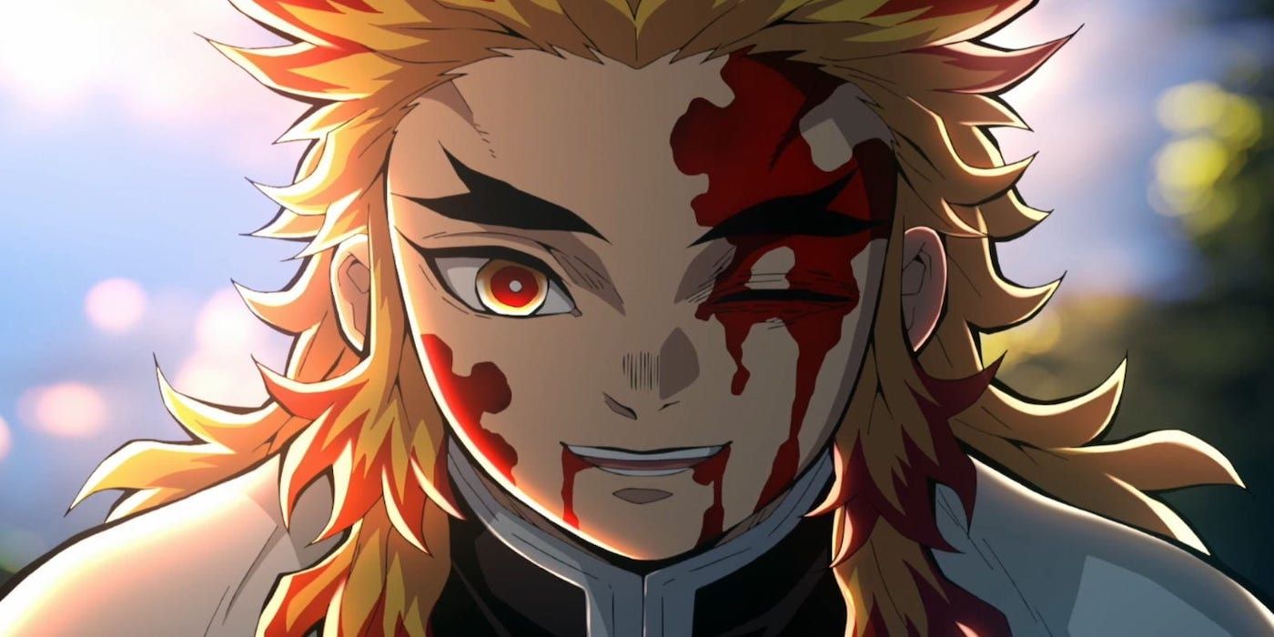 Kyojuro Rengoku with blood running down his face after his fight with Akaza outside the Mugen Train