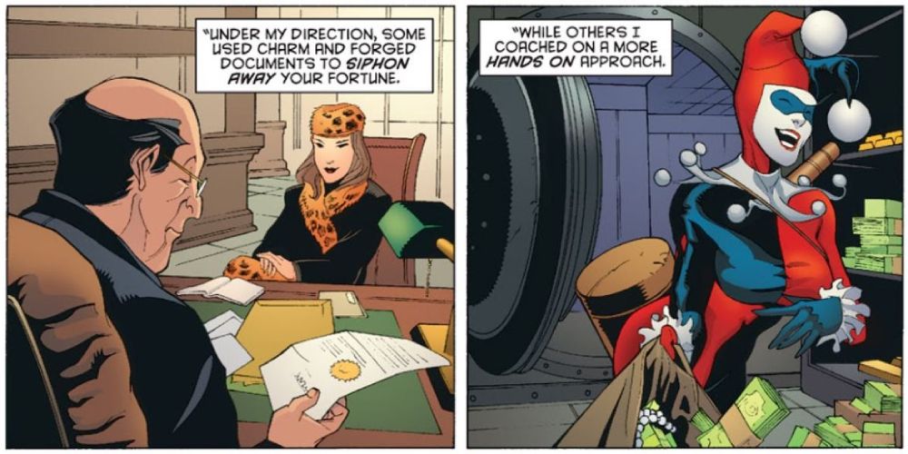 Harley steals Hush's money as part of Catwoman's revenge scheme