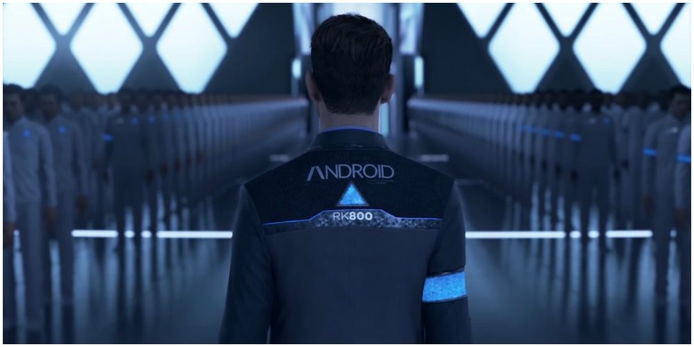Connor looking at the many other androids before activation