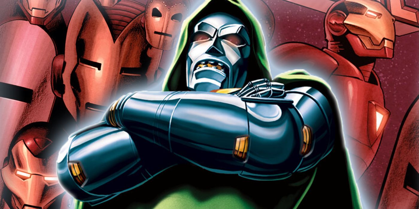 Doctor Doom in front of Iron Man's armors.