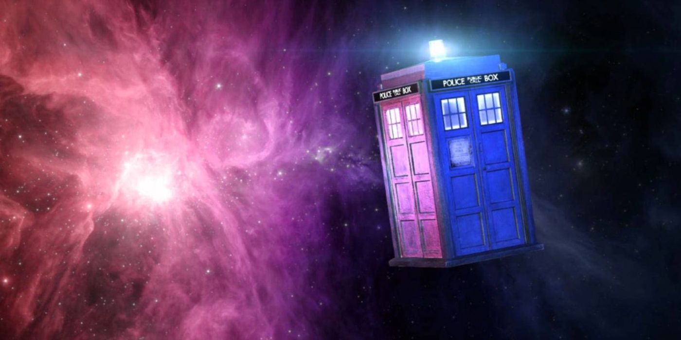 The TARDIS next to a colorful nebula in Doctor Who 