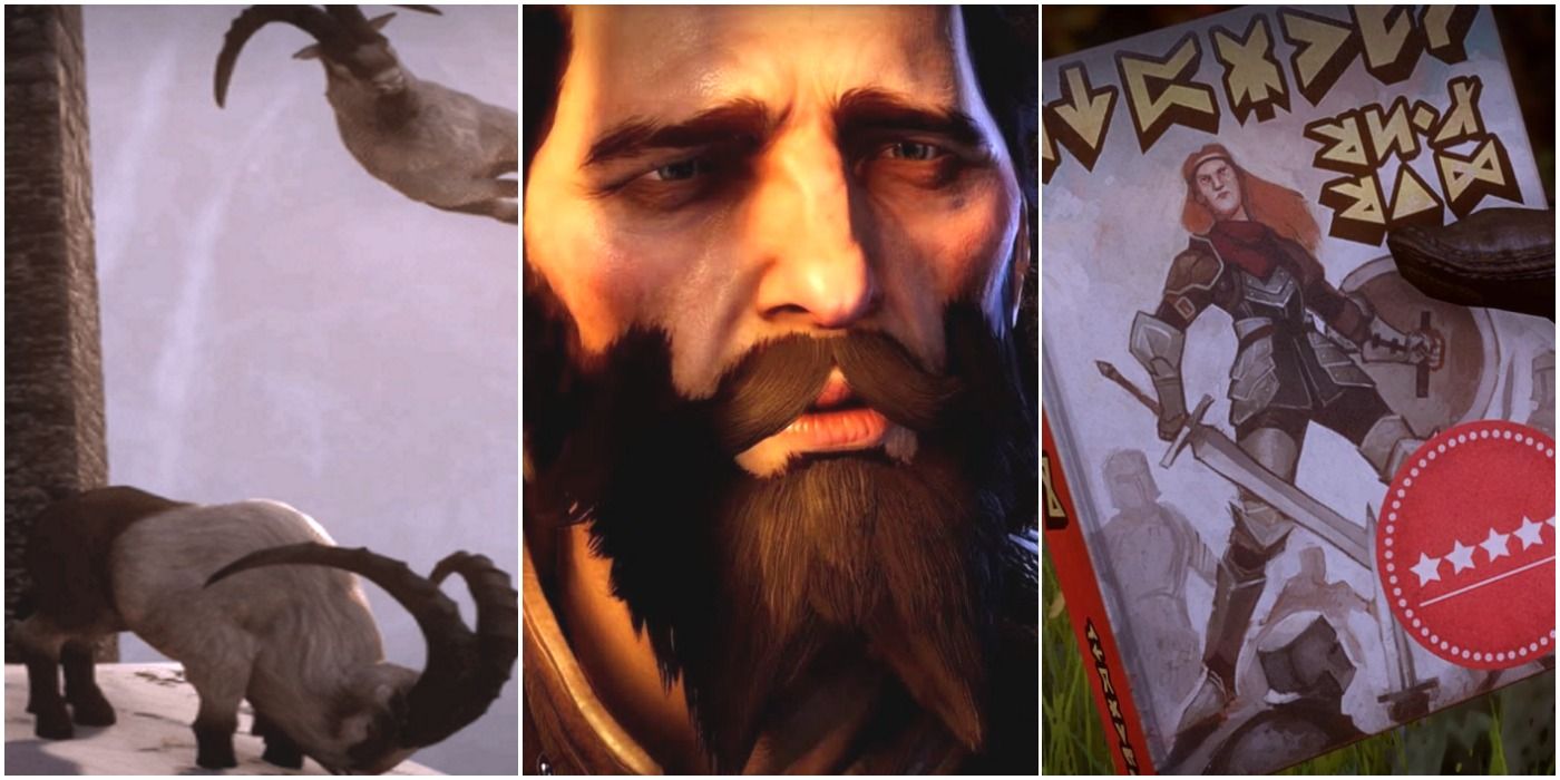 a split image of goats being thrown at Skyhold, Blackwall behind bars, and Varric passing off his book