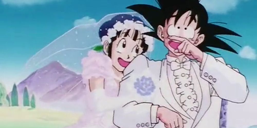 Goku and Chi-Chi get married in Dragon Ball.