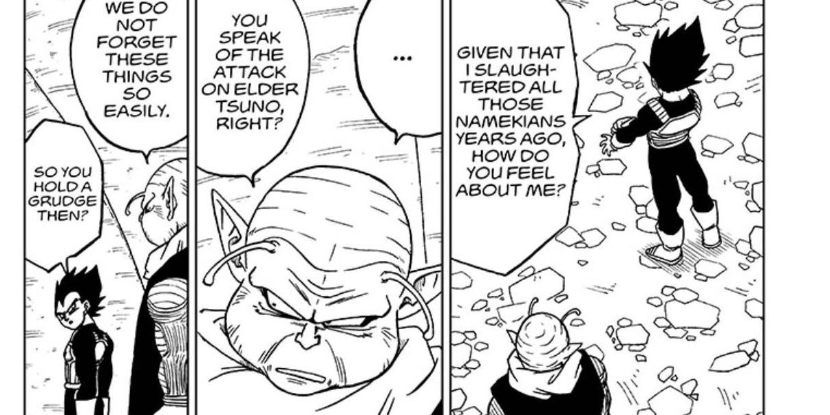Vegeta talking about his guilt for his Namekian genocide in Dragon Ball Super manga