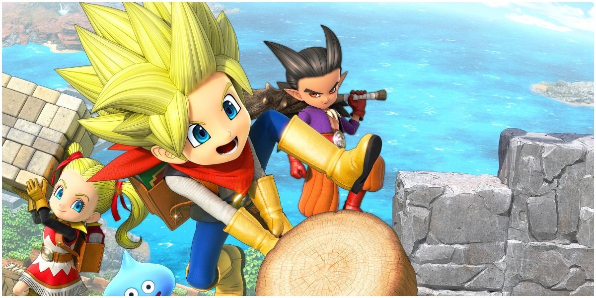 The protagonist of Dragon Quest Builders 2 swinging his hammer.