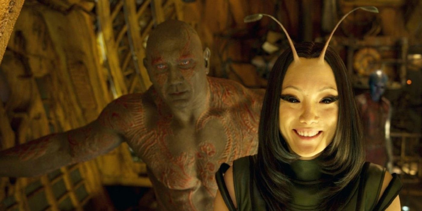 Mantis (Pom Klementieff) laughs with Drax behind her