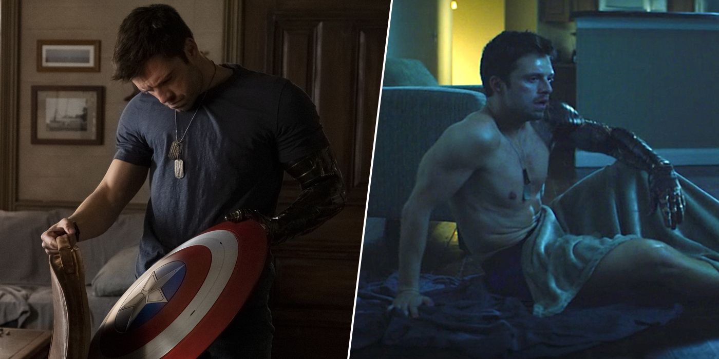 Bucky Barnes holding Captain America's shield and sleeping on the floor