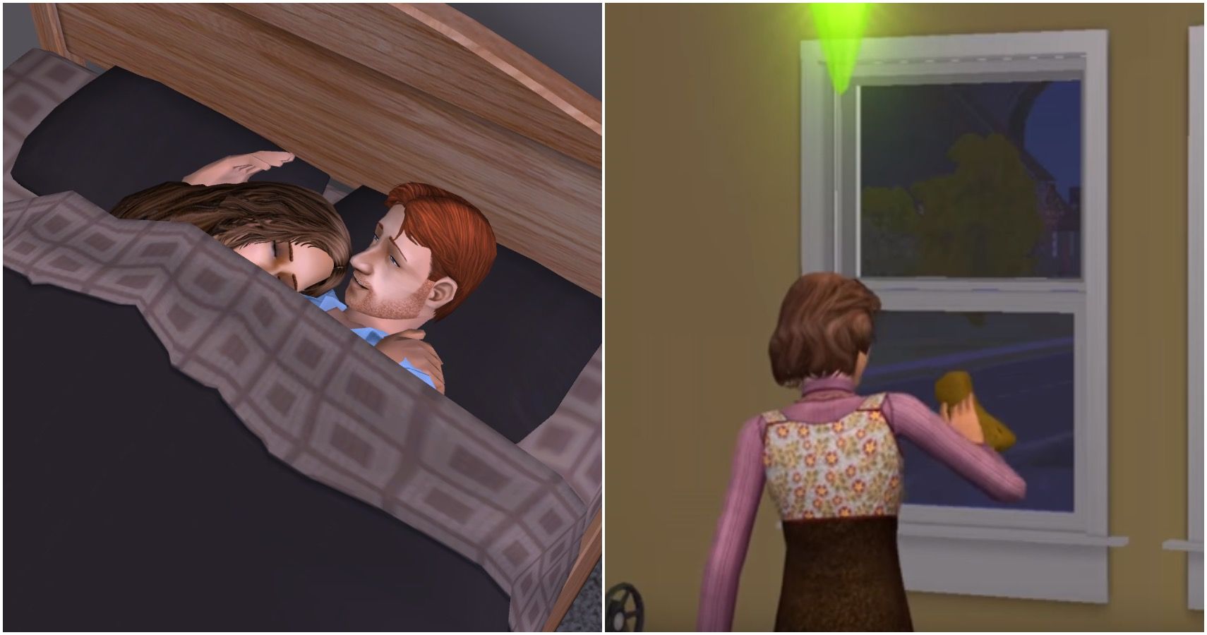 Two sims cuddled in bed and a sim cleaning a window