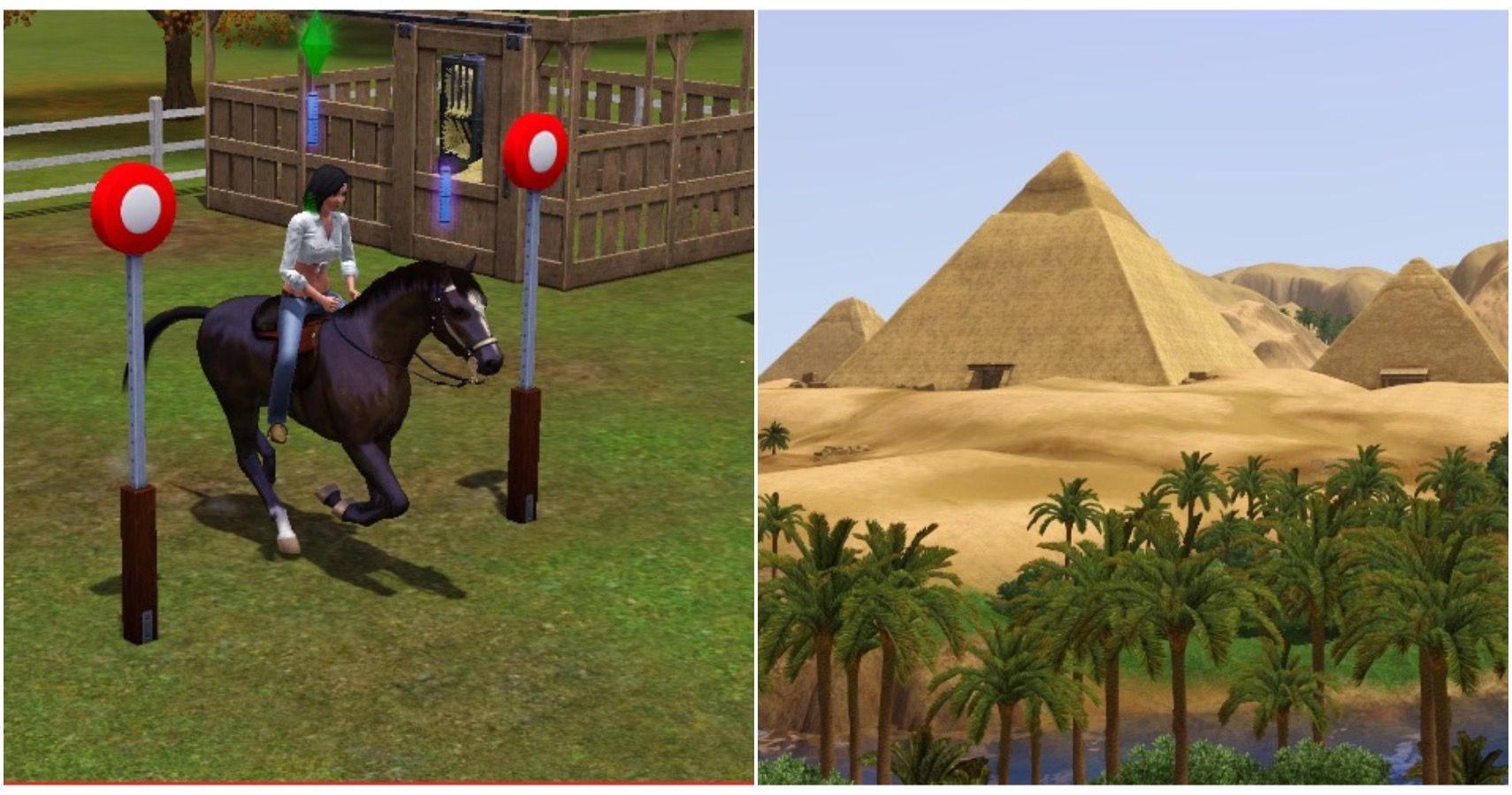 A sim riding on a horse and a view of Al Simhara in Sims 3