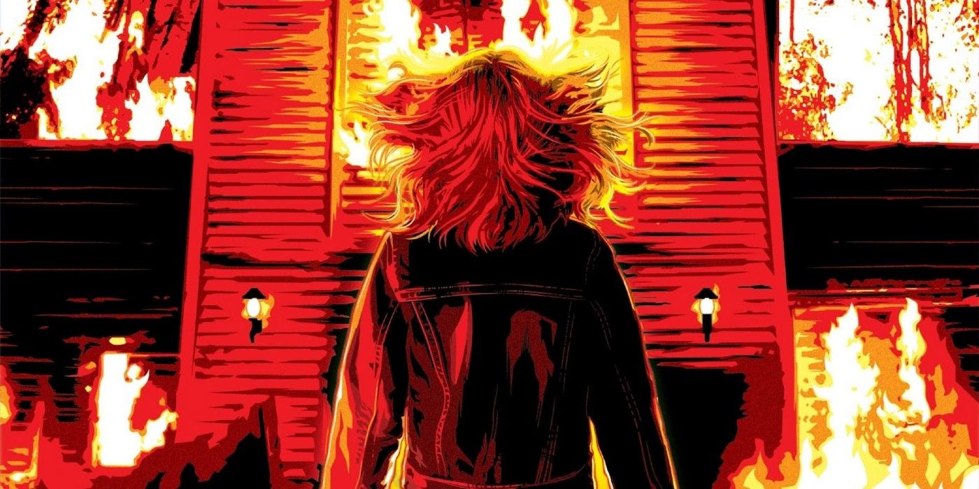 Firestarter 1984 Artwork, a girl faces a house that is on fire as her hair flows outward.