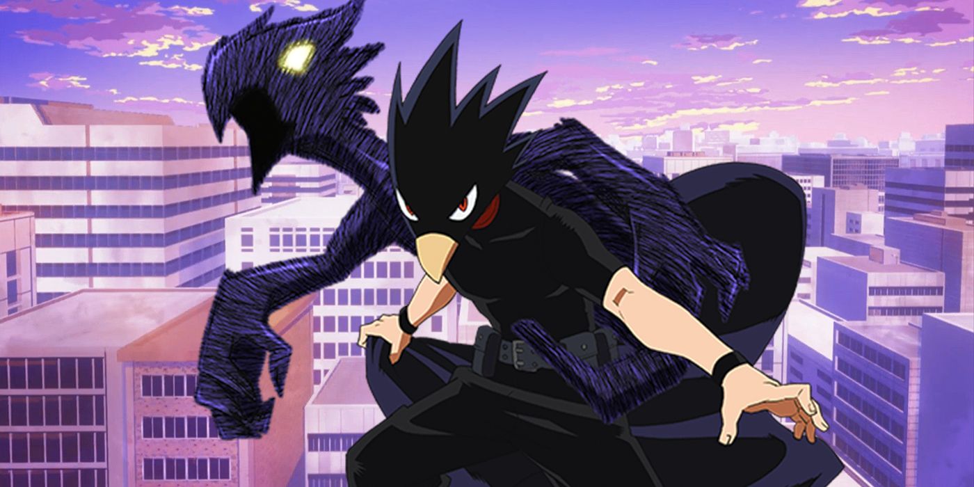 fumikage tokoyami and his quirk dark shadow posing on a skyscraper from my hero academia