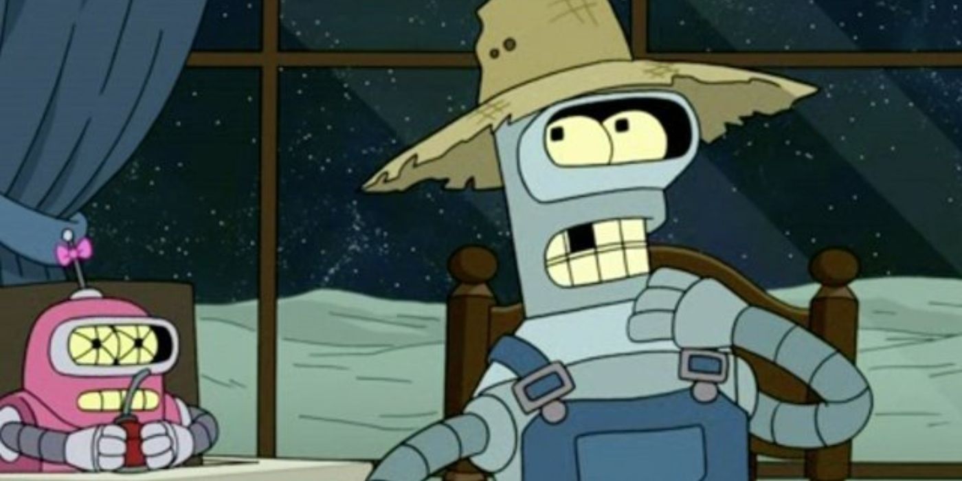 Bender dressed like a farmer