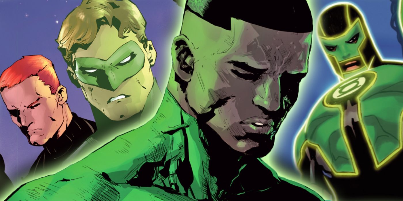 John Stewart surrounded by other Green Lantern and looking sad in DC Comics