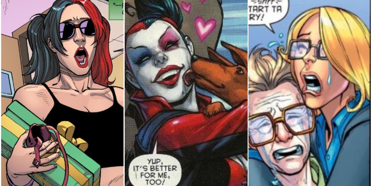 Injustice Harley brings gifts, New 52 Harley gets kisses and new 52 Harley in disguise cries with an old woman