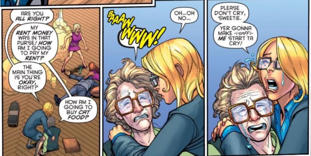 Harley Quinn helps an old lady who was robbed by a biker gang