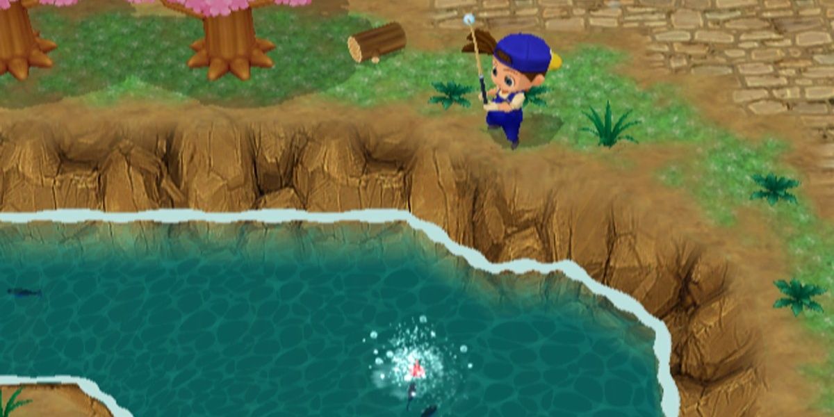 A player fishes in Harvest Moon: Magical Melody for the GameCube