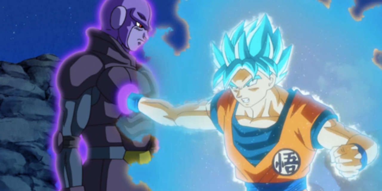 Hit and Goku fighting during Hit's assassination of Goku in Dragon Ball Super.