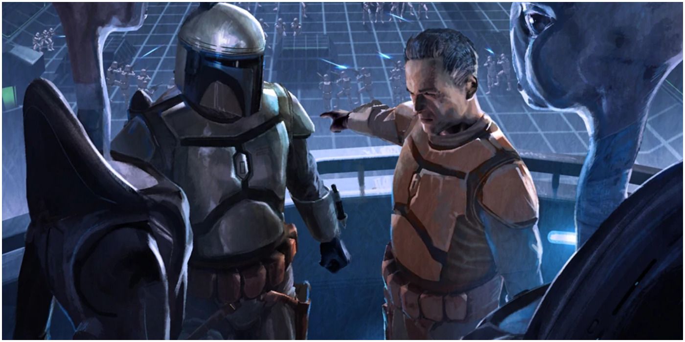 Kal Skirata and Jango Fett talking in front of two Kaminoans overlooking training clones