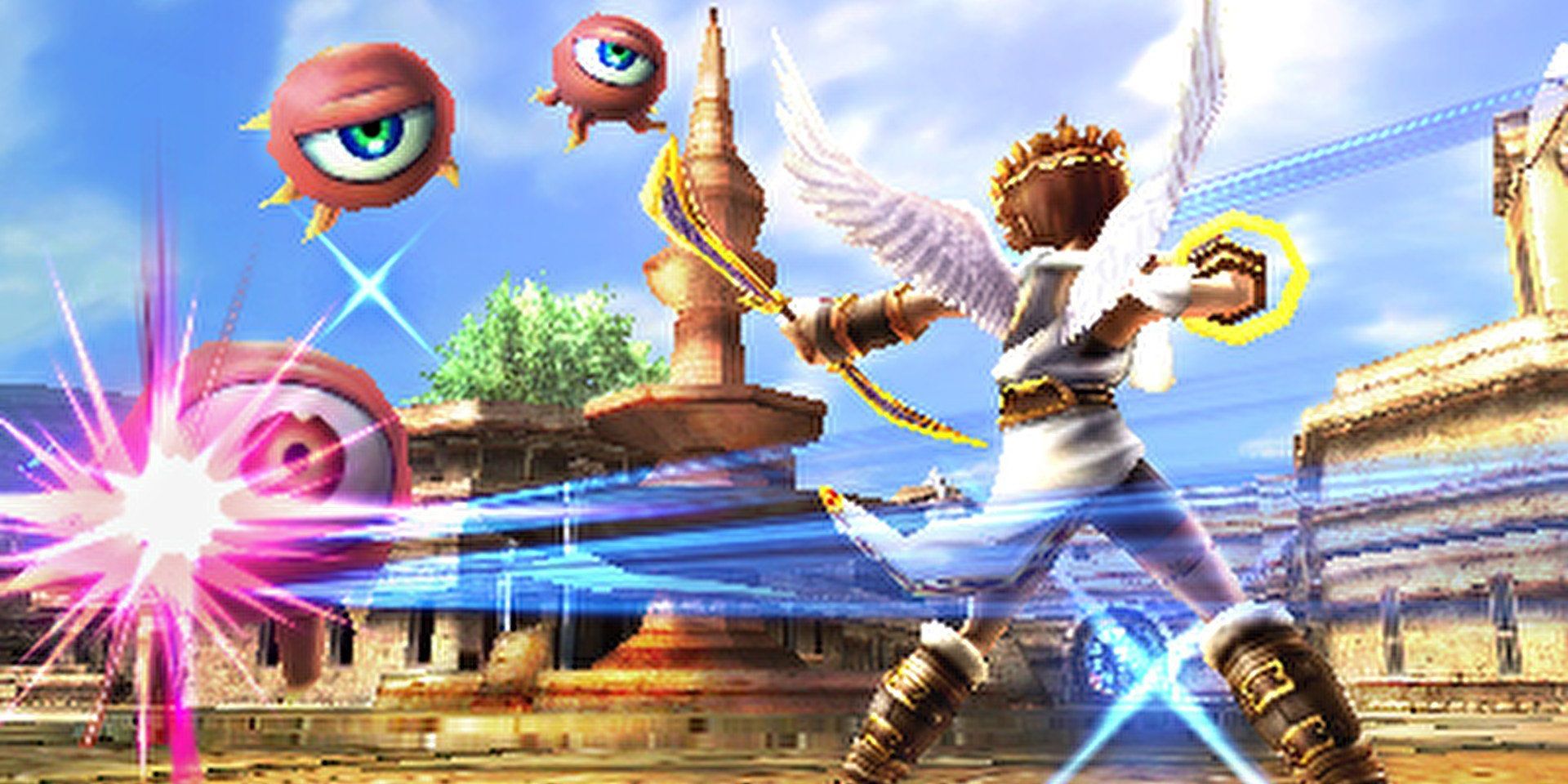 Pit launches an arrow at monsters in Kid Icarus: Uprising