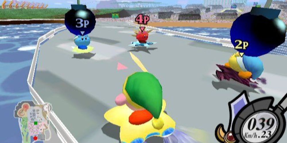 Kirby races through the streets in the GameCube's Kirby Air Ride