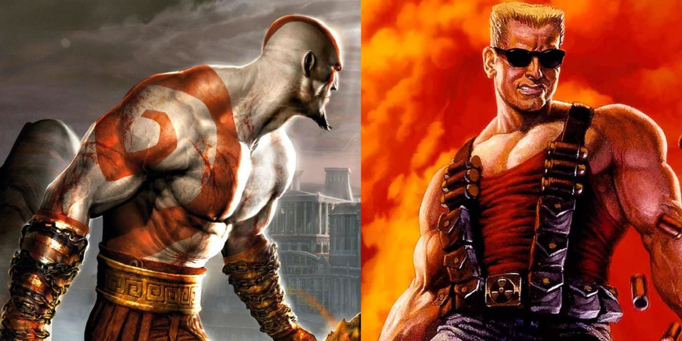 a split image with kratos on the left and duke nukem on the right