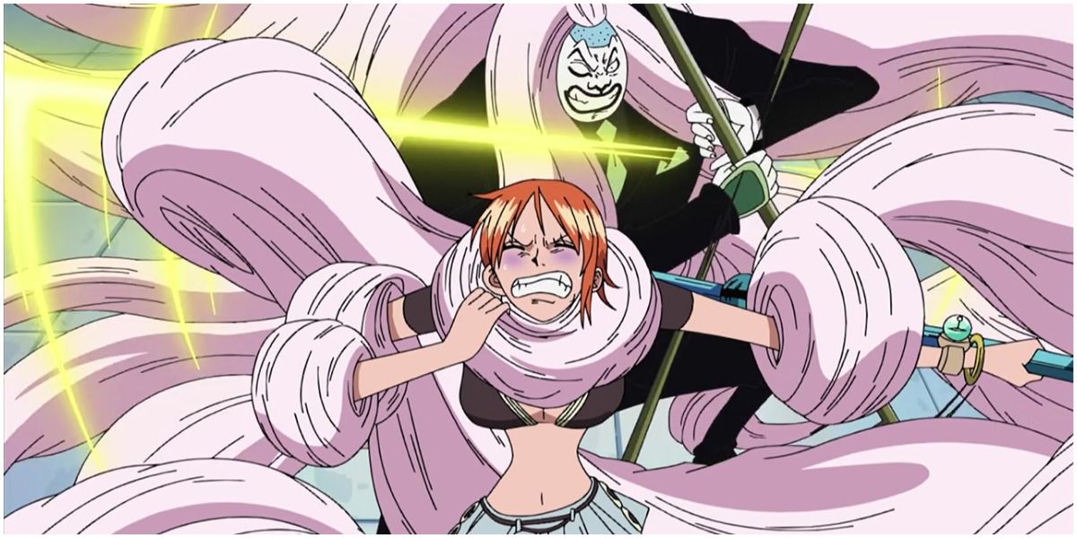 Anime Kumadori trapping Nami in his hair From One Piece