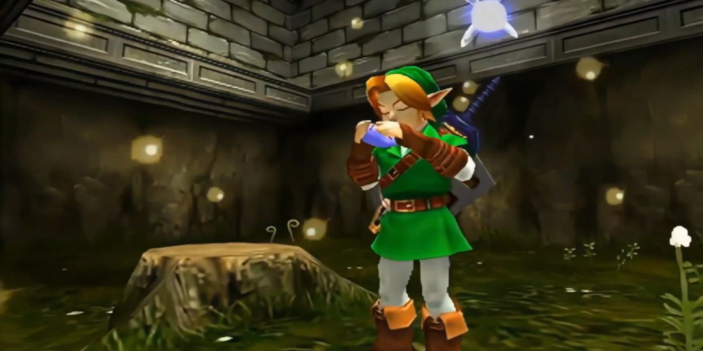 Link playing the ocarina in The Legend of Zelda Ocarina of Time 3D.